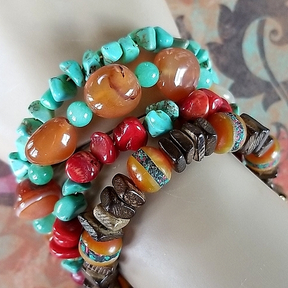 Hand Crafted Boho Tibetan Agate, Turquoise and Amber Wrap Bracelet - Picture 11 of 16
